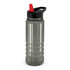 A drink bottle with a clear body, black lid, and red spout. It features a logo on the side.