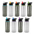 A drink bottle collection featuring clear and black designs with various coloured lids and a logo on each.