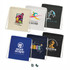 A collection of cotton drawstring backpacks in various colours, featuring multiple logos and designs.