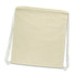 A cream-coloured cotton drawstring backpack with white drawstrings and a simple design. Features a logo.