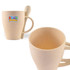 A reusable wheat fibre cup in beige, with a matching spoon attached and featuring a branding logo.