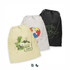 Three large cotton gift bags in yellow, cream, and black, featuring logos and drawstring closures.