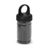 A black cooling towel in a transparent tube, featuring a carry handle for easy transport.