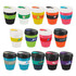 A collection of reusable coffee cups in various colours, featuring different designs and logos.