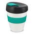 A drink bottle featuring a white body with a black lid and a teal silicone band. It has a logo on the side.