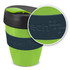 A drink bottle featuring a bright green body, black lid, and navy blue silicone sleeve with branding.