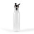 A drink bottle with a clear body and a black flip-top spout, featuring a sleek design and a branding logo.