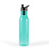 A drink bottle in a vibrant teal colour with a black flip-top lid, featuring a sleek design and a logo.