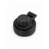 A drink bottle cap in black with a textured grip and a rotating lid. It features a logo on the top.