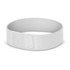 A white wristband with a Velcro closure featuring a simple design. It includes a small branding logo.