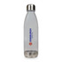 A drink bottle made of clear material with a stainless steel top, featuring a logo.