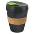 A drink cup with a black body, cork band, and a green leaf-shaped lid. It features a logo.