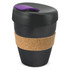A reusable coffee cup in matte black with a cork band and a purple lid, featuring a logo.