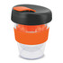 A drink bottle with a transparent body, orange band, and a black lid featuring a sipping spout.