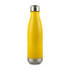 A drink bottle in bright yellow with a stainless steel base and a silver cap, featuring a logo.