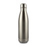 A drink bottle in stainless steel with a sleek, silver finish and a metal screw cap, featuring a logo.