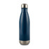 A drink bottle in navy blue with a stainless steel bottom and top, featuring a logo.