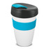 A drink bottle featuring a black lid and a blue silicone band, with a white body for coffee or beverages.
