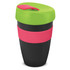 A drink bottle featuring a black body with a green lid and pink band, complete with a branding logo.