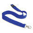 A blue cotton lanyard with a clip and a black attachment. It has a simple, flat design.