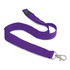 A purple cotton lanyard with a metal clip and a plastic attachment. It features a branding logo.
