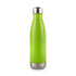 A drink bottle in bright green with a stainless steel base and top, featuring a logo.