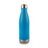 A drink bottle in a bright blue finish with a stainless steel base and cap. It features a logo on the side.