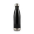 A drink bottle in a sleek black design with a stainless steel bottom and a metallic cap. It has a logo.