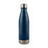 A drink bottle in navy blue with a stainless steel base and cap, featuring a logo.