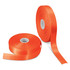 Two rolls of vibrant orange ribbon, one partially unspooled, with a smooth satin finish. Each roll has a central core.