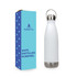 A drink bottle with a stainless steel bottom, white body, and a hanger lid, packaged in a blue box with branding.