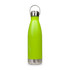 A drink bottle in vibrant green with a stainless steel base and a hanger lid. Features a logo on the body.