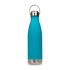 A drink bottle in bright teal with a silver stainless steel base and a metal hanger lid.