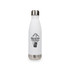 A drink bottle in white with a stainless steel base, featuring a logo and mountain graphic.