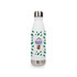 A drink bottle in white with green leaves and a stainless steel bottom, featuring a logo.