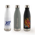 A drink bottle set featuring three designs: white with blue branding, olive green, and black with a red dragon graphic.
