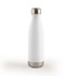 A drink bottle in white with a stainless steel bottom and shiny silver cap, featuring a logo.