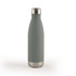 A drink bottle in a grey finish with a stainless steel base and cap, featuring a logo on its surface.