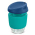 A drink bottle featuring a transparent borosilicate body, with a teal silicone sleeve and a navy lid.