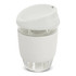 A drink bottle in white borosilicate glass with a matching silicone sleeve and lid, featuring a logo.