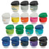 A collection of reusable coffee cups in various colours with black lids and logos on the cups.