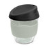 A drink bottle featuring a transparent borosilicate body, grey silicone band, and black lid.