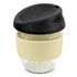 A drink bottle featuring a transparent body, beige band, and black lid, designed for reusable coffee.