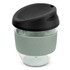 A drink bottle featuring a clear body with a mint green silicone band and a black lid. It has a logo on it.