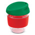 A drink bottle featuring a transparent body, with a red silicone band and a green lid. It has a logo.