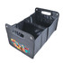 A grey cargo storage organiser with multiple compartments and handles, featuring a colourful graphic on one side.