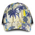 A mesh cap featuring a pattern of palm trees and surfboards in blue, yellow, and green on a cream background.