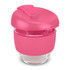 A drink bottle made of borosilicate glass, featuring a bright pink silicone lid and sleeve. It has a branding logo.