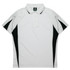 A white polo shirt with black side panels and a collar, featuring a logo on the neckline.