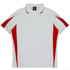 A polo shirt in white with red side accents and a collar, featuring a logo.